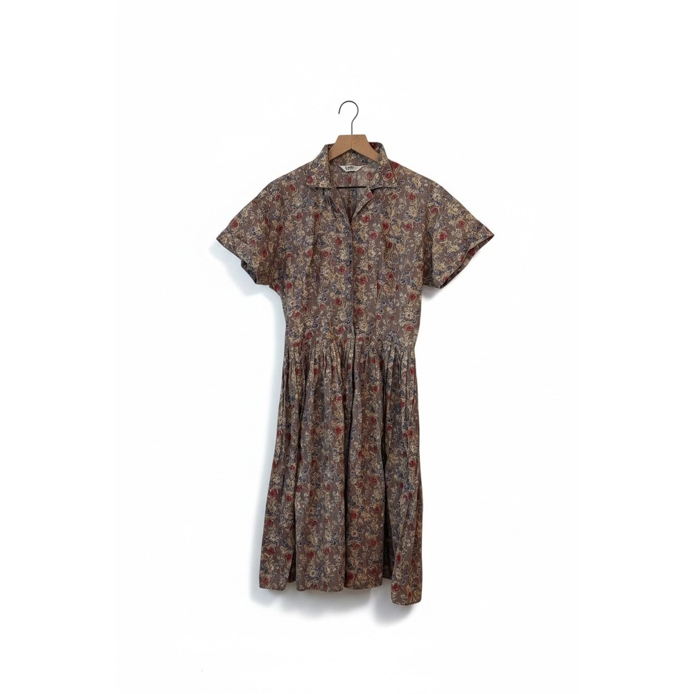 Vintage Sanyo VOR | Floral Shirt Dress Small Brown Pleated Cottagecore
